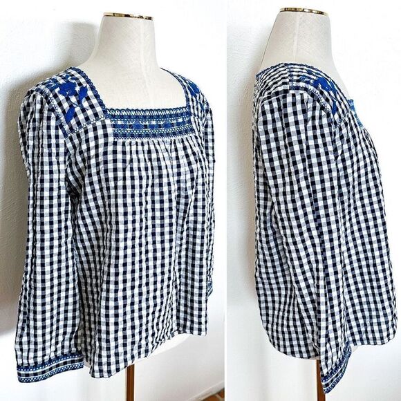 Crew Navy White Gingham Plaid Blue Floral Embroidered Peasant Top Blouse S - Picture 2 of 4